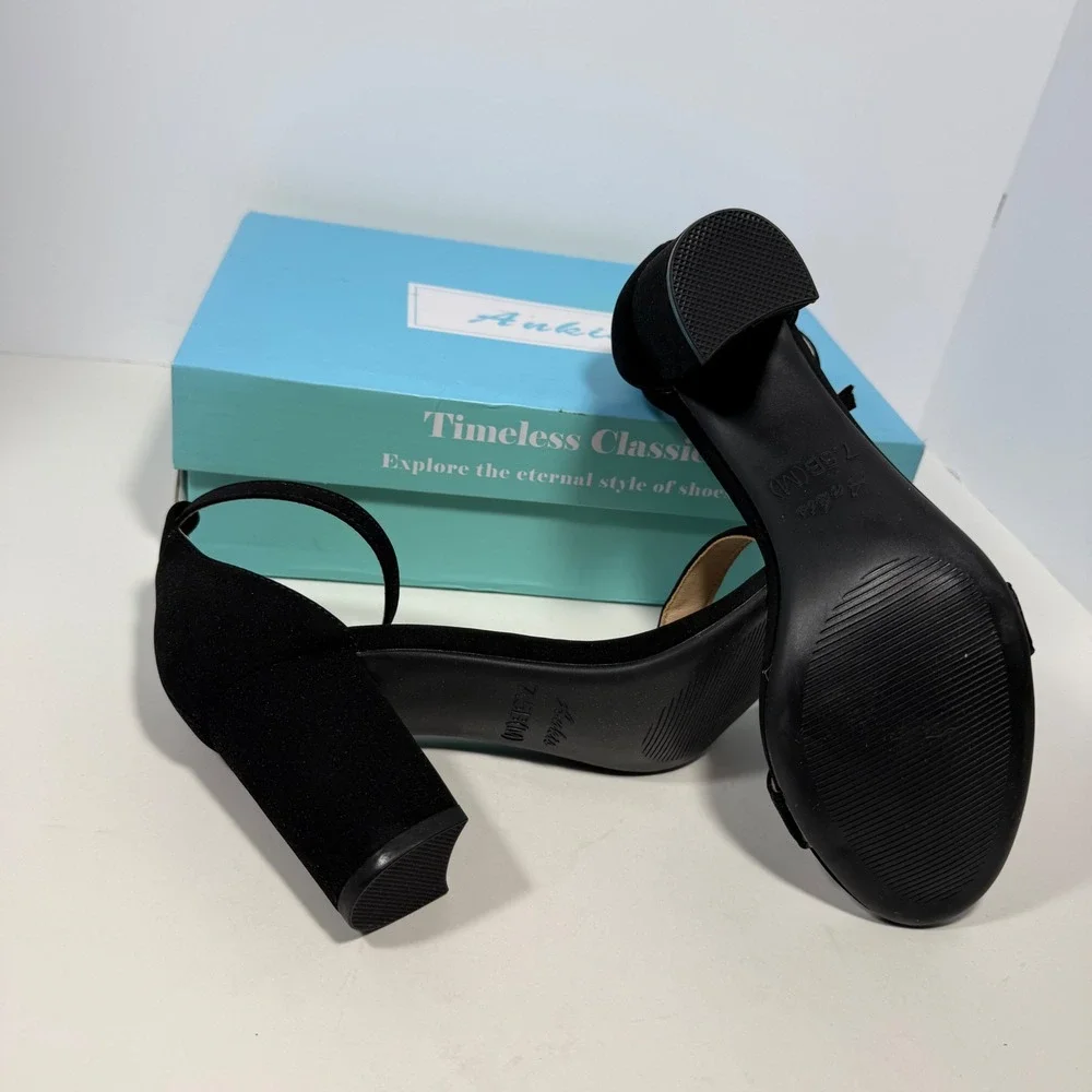 Ankis Women Black Faux Suede Block Heel Ankle Strap‎ Sandals Size 7.5 Open Toe